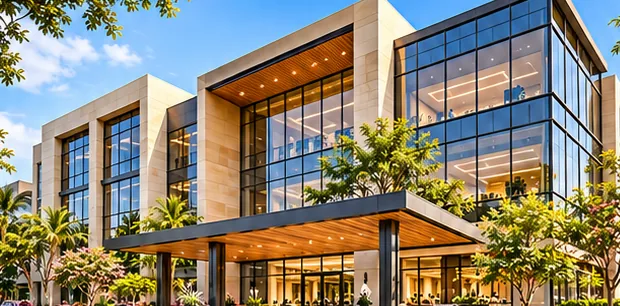 Glass-fronted office building with a timber canopy entrance