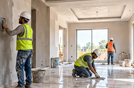Plastering and floor finishing inside a new building