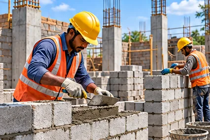 Masons laying concrete block walls