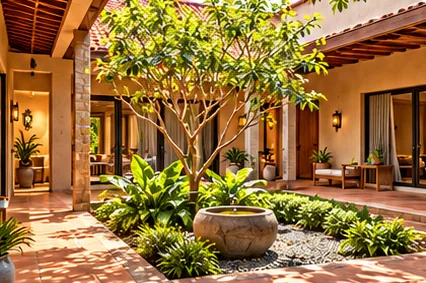 Open courtyard with a tree, planting and a stone water bowl