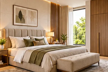 Bedroom with an upholstered headboard and full-height wardrobe
