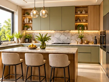 Kitchen with sage cabinets, island seating and pendant lights