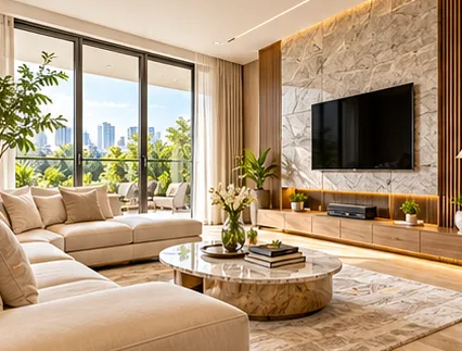 Living room with a sectional sofa, marble feature wall and city view