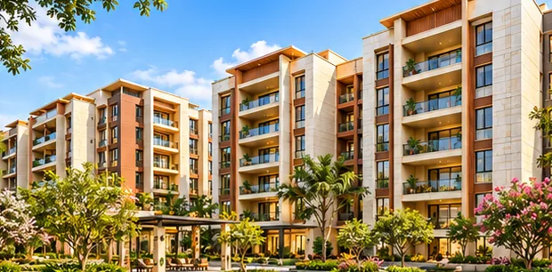 Mid-rise apartment blocks with balconies around a landscaped courtyard