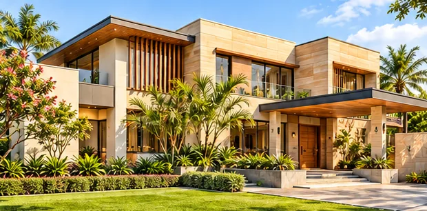 Two-storey villa with stone cladding, timber screens and a landscaped front garden
