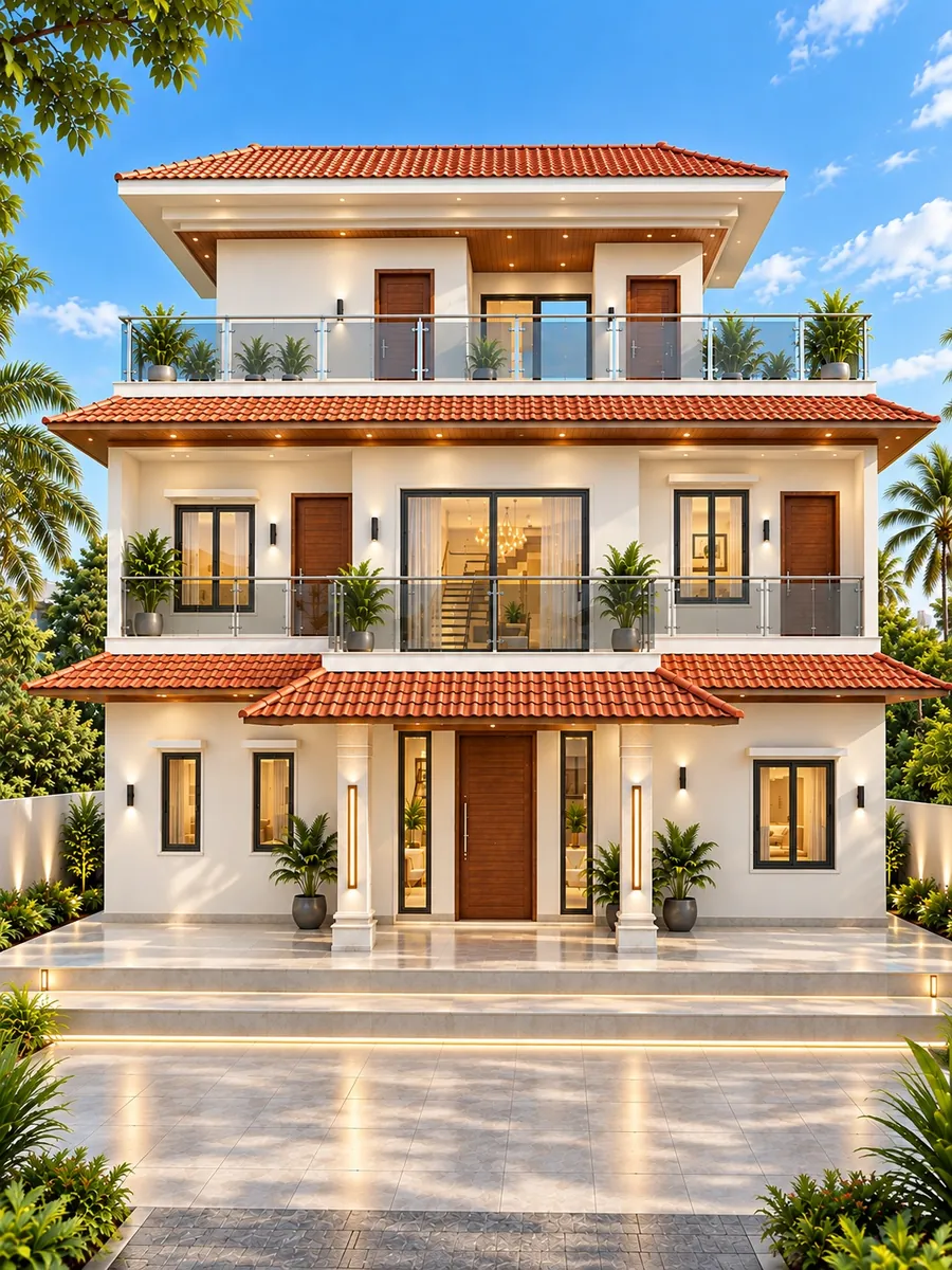 Front elevation concept of a three-level home with clay-tile roofs and glass-railed balconies